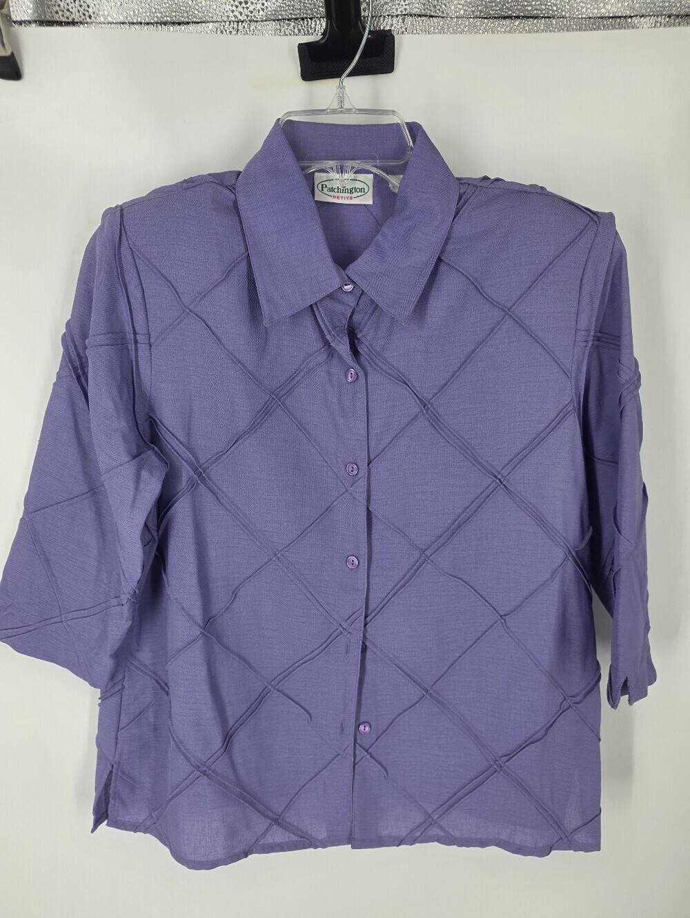 Patchington Petite Blouse Top SP Small Purple Diamond Pintuck Lattice 3/4 Sleeve